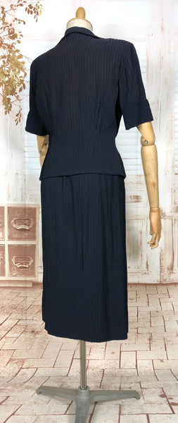 Exquisite Original 1940s Vintage Navy Blue Crepe Skirt Suit With Pin Tucks