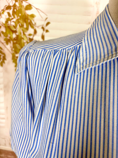 1940s Volup Blue & White Striped Blouse – Gathered Shoulders & Cross-Cut Patch Pocket