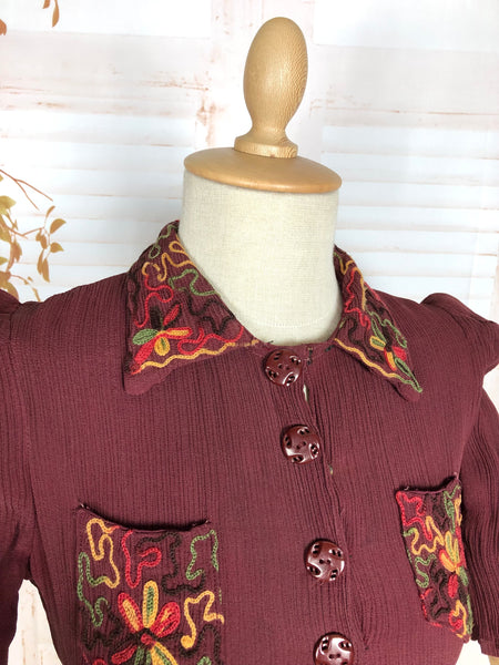 Amazing 1930s Burgundy Crepe Dress With Puff Sleeves And Colourful Crewel Embroidery