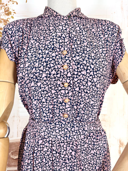1940s Pink And Navy Blue Abstract Print Rayon Day Dress