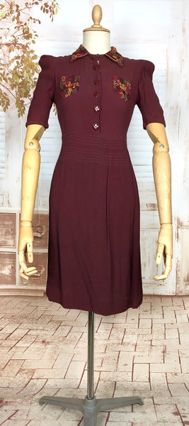 Amazing 1930s Burgundy Crepe Dress With Puff Sleeves And Colourful Crewel Embroidery