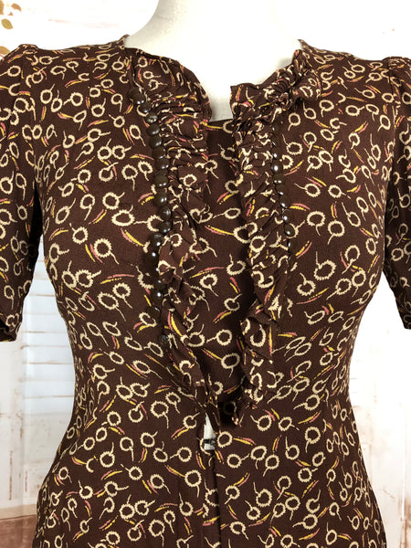 Super Rare 1930s Vintage Abstract Printed Brown Rayon Skirt Suit