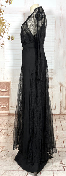 1930s Black Lace Evening Gown with Statement Buckle Detail - Femme Fatale