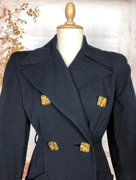 Exquisite Original 1940s Vintage Navy Blue Double Breasted Princess Coat With Huge Gold Statement Buttons