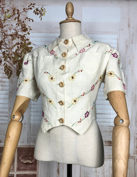 Incredible Original 1930s Vintage Embroidered Linen Folk Blouse With Puff Sleeves