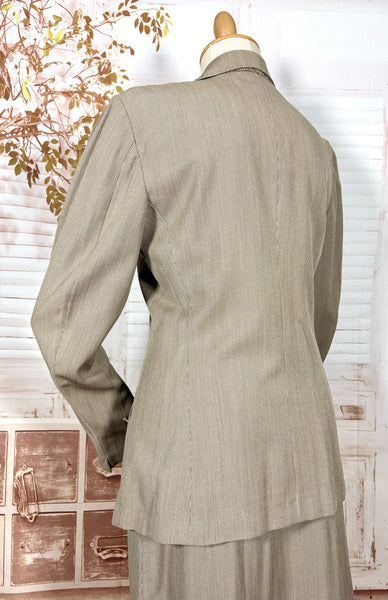 1940s Taupe Pinstripe Wool Skirt Suit – Spearpoint Collar Tailored Jacket