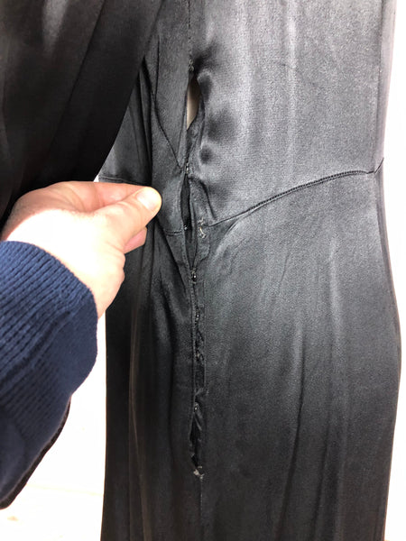 Exquisite Original Late 1930 / Early 1940s Black Silk Satin Dress With Huge Bishop Sleeves