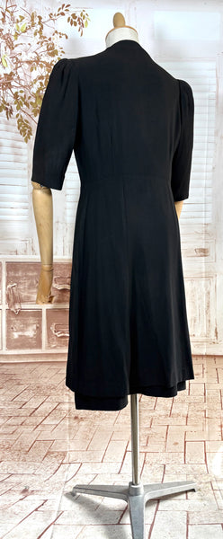 Exquisite 1930s Black Crepe Dress And Redingote Coat With Gold Filigree Buckle