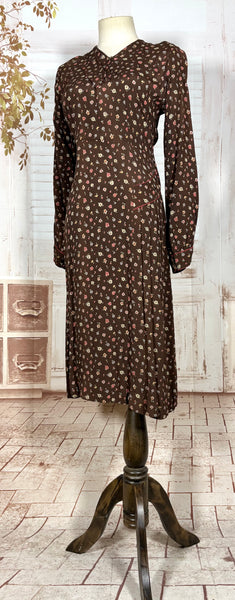 1930s Chocolate Brown Floral Crepe Dress with Pointed Cuffs