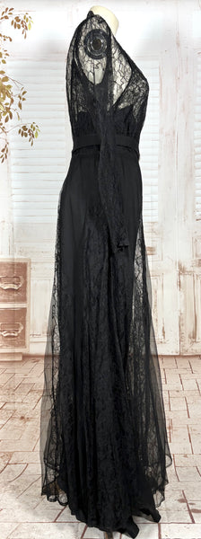 1930s Black Lace Evening Gown with Statement Buckle Detail - Femme Fatale