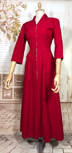 Amazing Lipstick Red 1940s Corduroy Zip Front Dress