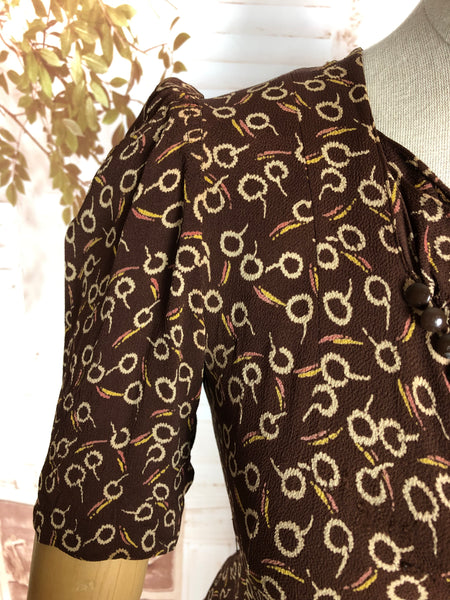 Super Rare 1930s Vintage Abstract Printed Brown Rayon Skirt Suit