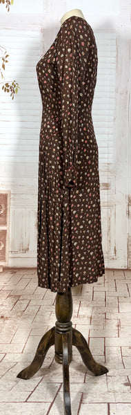 1930s Chocolate Brown Floral Crepe Dress with Pointed Cuffs