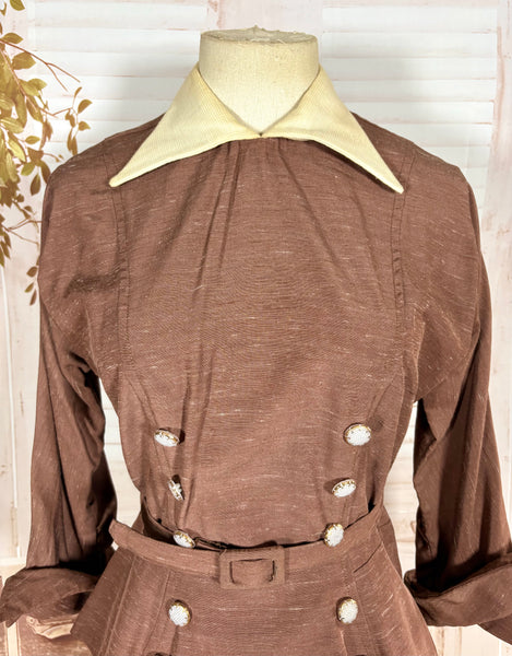 Lightweight 1940s Chocolate Brown Skirt Suit With Contrast Collar