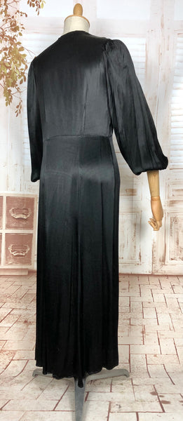 Exquisite Original Late 1930 / Early 1940s Black Silk Satin Dress With Huge Bishop Sleeves