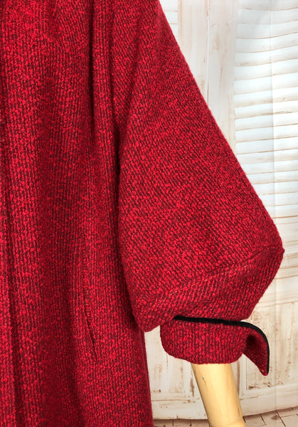 Exquisite Volup Lipstick Red 1940s Boucle Swing Coat With Huge Bishop Sleeves