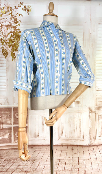 1950s Blue Floral Stripe Cotton Jacket Blouse