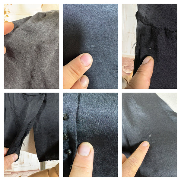 Early 1930s Black Silk Peplum Blouse – Glass Button Front Top