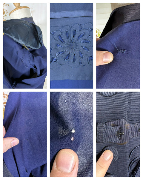 Exceptional 1940s Navy Blue Summer Suit With Pierced Peplum