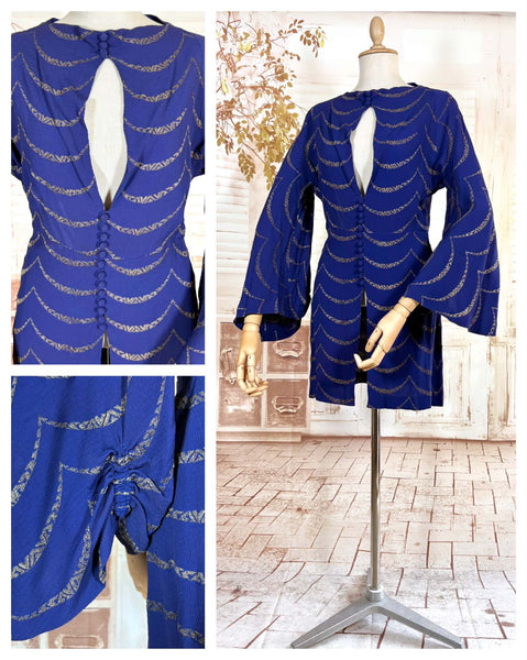1930s Royal Blue Gold Lamé Chevron Coat | Statement Sleeve Antique Evening Coat