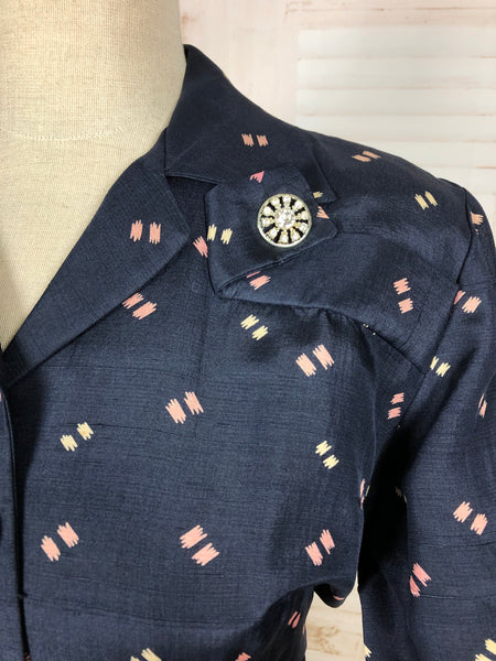 Wonderful Original 1940s Vintage Navy Blue Silk Suit With Pink And White Speech Mark Print