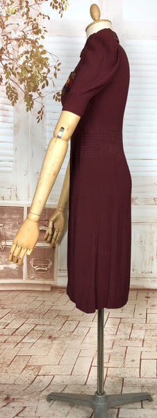 Amazing 1930s Burgundy Crepe Dress With Puff Sleeves And Colourful Crewel Embroidery