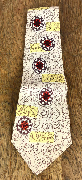 1940s/1950s Cream American Swing Tie with Lattice Medallion & Scroll Print