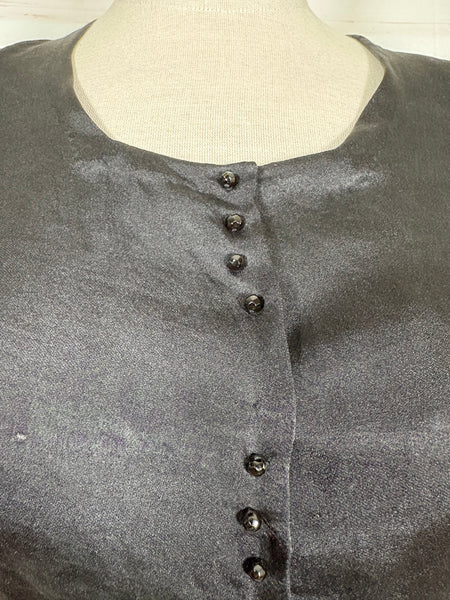Early 1930s Black Silk Peplum Blouse – Glass Button Front Top