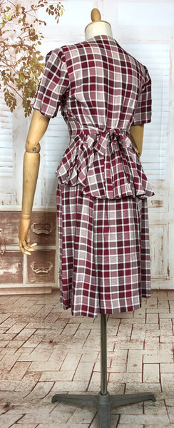 Fabulous Original 1940s Vintage Bustle Back Skirt Suit In Pink And Berry Plaid