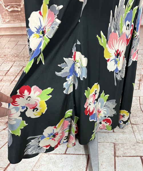 Rare 1930s Black Floral Silk Evening Dress with Ruffled Collar