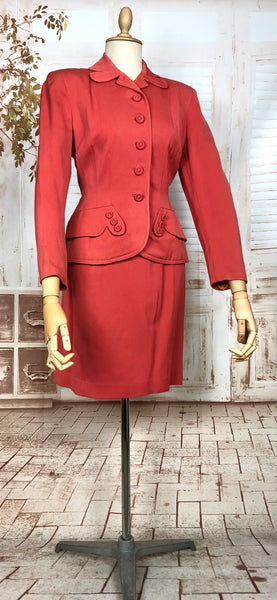 Incredible Original 1940s Vintage Coral Red Gabardine Skirt Suit By Jaunty Juniors