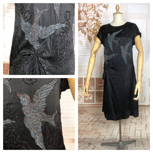 Exceptional Original 1920s Vintage Silk Satin Flapper Dress With Beaded Swallows