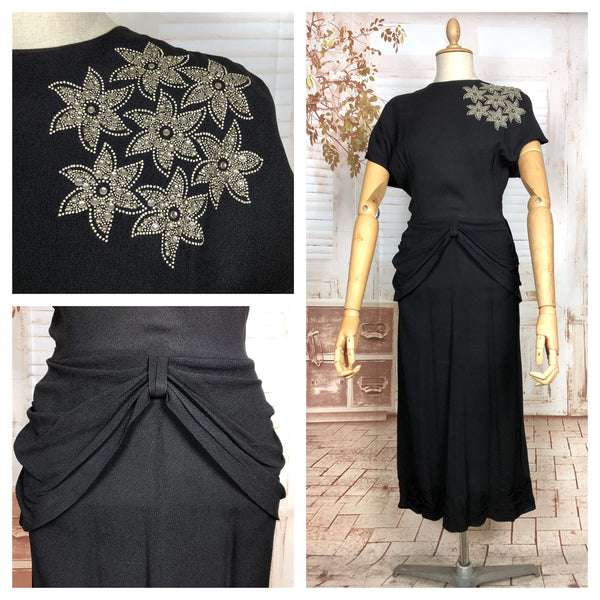 Amazing Original 1940s Vintage Black Crepe Draped Dress With Star Studded Detailing