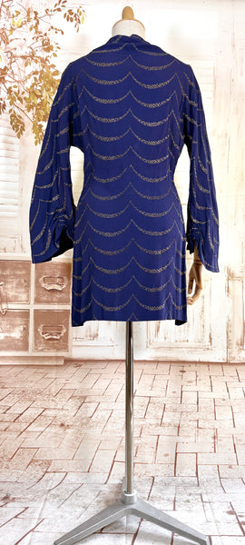 1930s Royal Blue Gold Lamé Chevron Coat | Statement Sleeve Antique Evening Coat