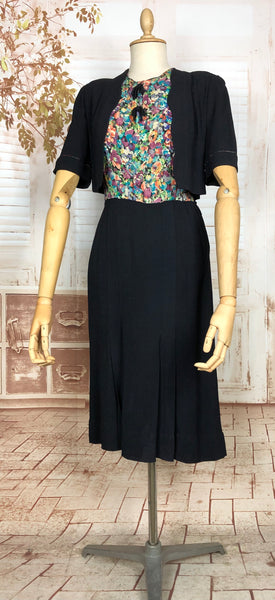 Wonderful Late 1930s / Early 1940s Black And Floral Print Dress With Mock Bolero Jacket