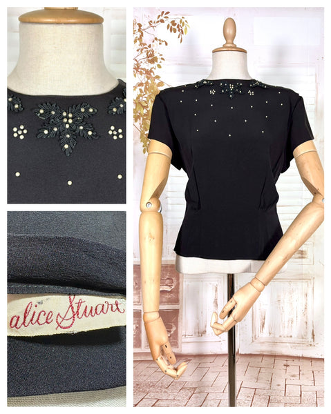 1940s Alice Stuart Black Rayon Blouse – Pearl and Soutache Beaded Detail