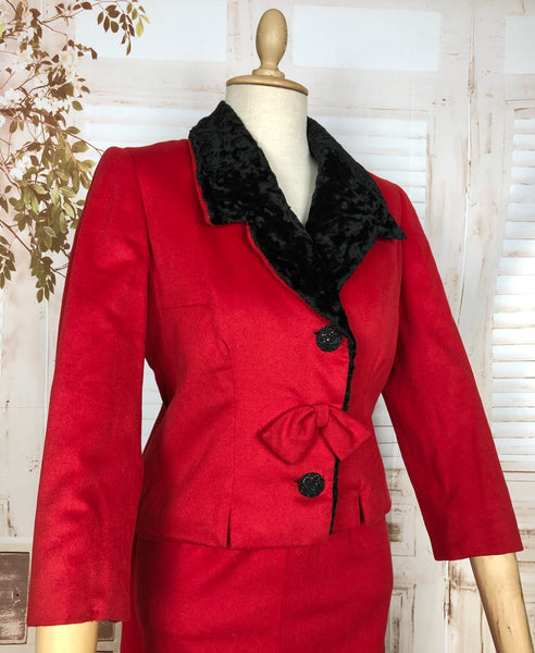 Amazing Original 1950s Vintage Lipstick Red Skirt Suit With Black Astrakhan Fur Lining