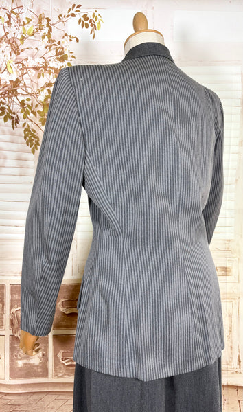 Sharply Tailored 1940s Grey Pinstripe Skirt Suit with Contrast Lapels