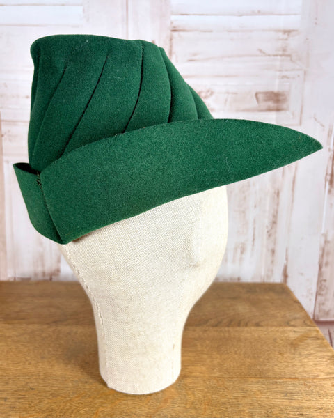 Super Rare Forest Green 1940s Fedora Hat With Red Suede Band