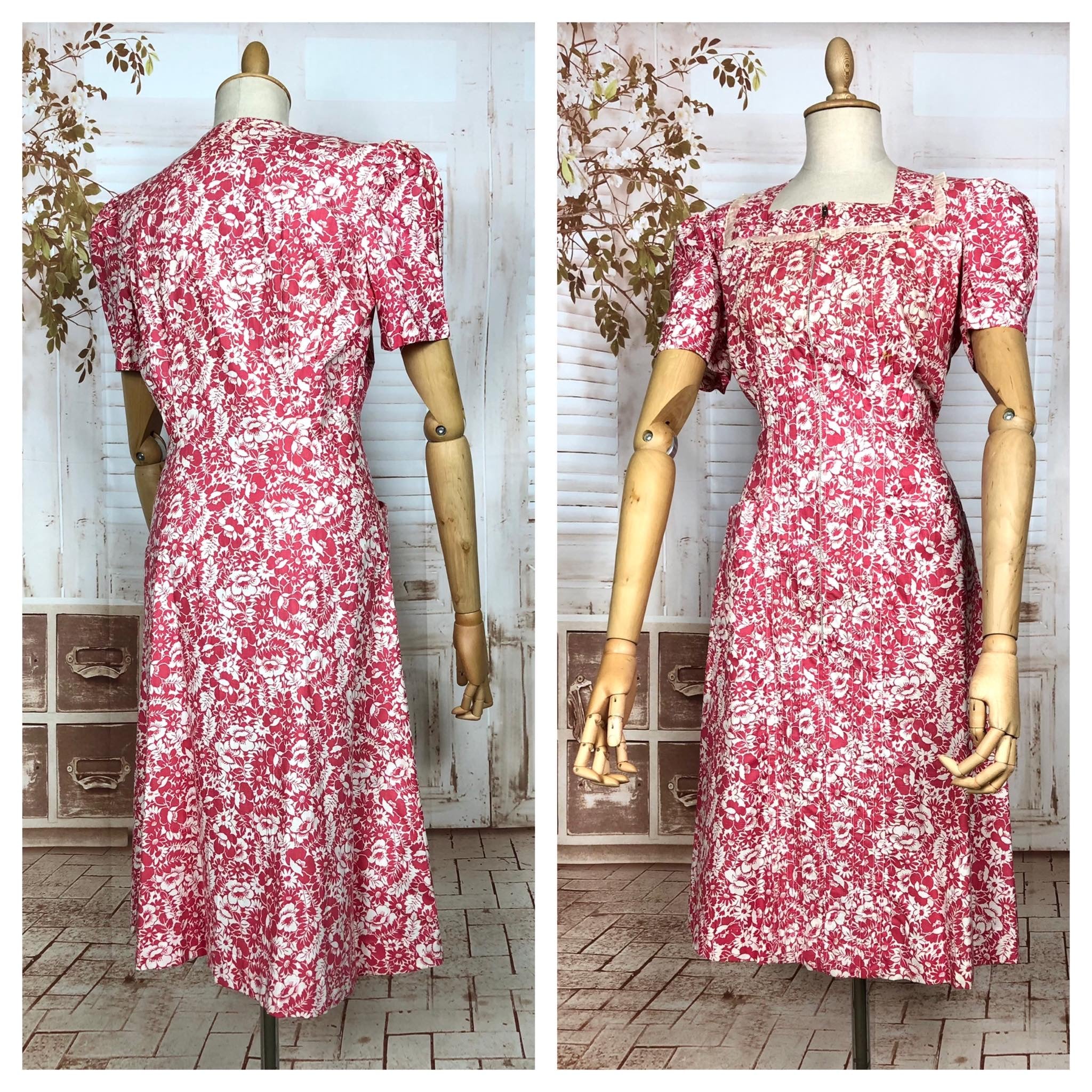 Wonderful Original 1940s Vintage Red And White Floral Print Zip Front Dress