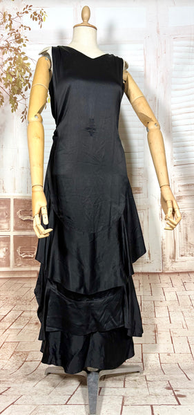 Exquisite Black Late 1920s / Early 1930s Silk Satin Evening Dress With Ruffle Details