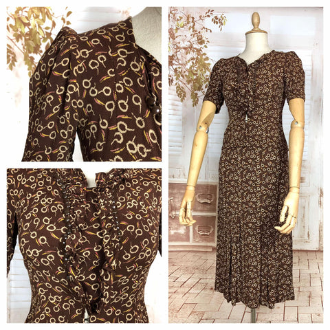 Super Rare 1930s Vintage Abstract Printed Brown Rayon Skirt Suit