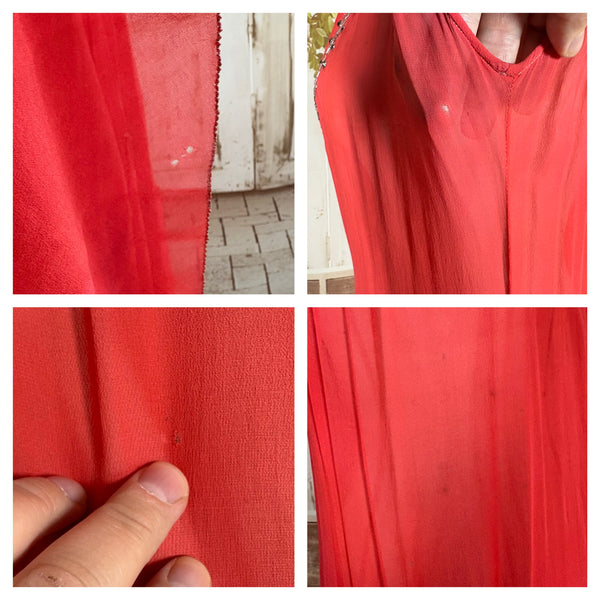 1920s Coral Silk Chiffon Beaded Flapper Dress