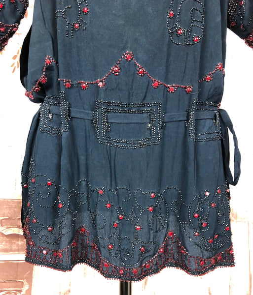 Exceptionally Rare Original 1920s Volup Navy Blue Flapper Blouse With Red Beading By French Couturier Adair House Of France