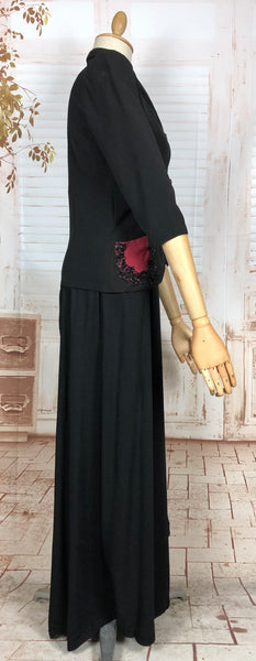 Amazing 1930s Long Line Skirt Suit With Fuchsia Pink Beaded Accents