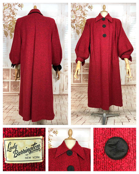 Exquisite Volup Lipstick Red 1940s Boucle Swing Coat With Huge Bishop Sleeves
