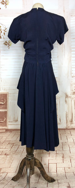 Amazing Original 1940s Vintage Navy Blue Peplum Dress With Incredible Pin Tuck Details