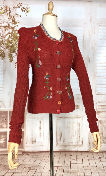 Amazing Original 1930s Vintage Rust Red Folk Embroidered Knit Cardigan