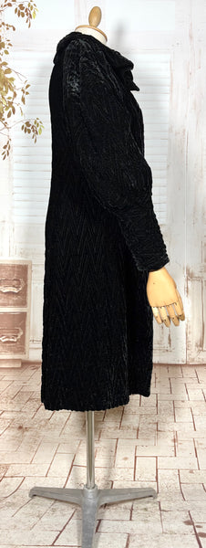 Exceptional 1920s / Early 1930s Black Textured Velvet Coat with Silk Lining and Bishop Sleeves