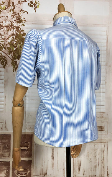 Beautiful Late 1930s / Early 1940s Vintage Blue And White Striped Blouse